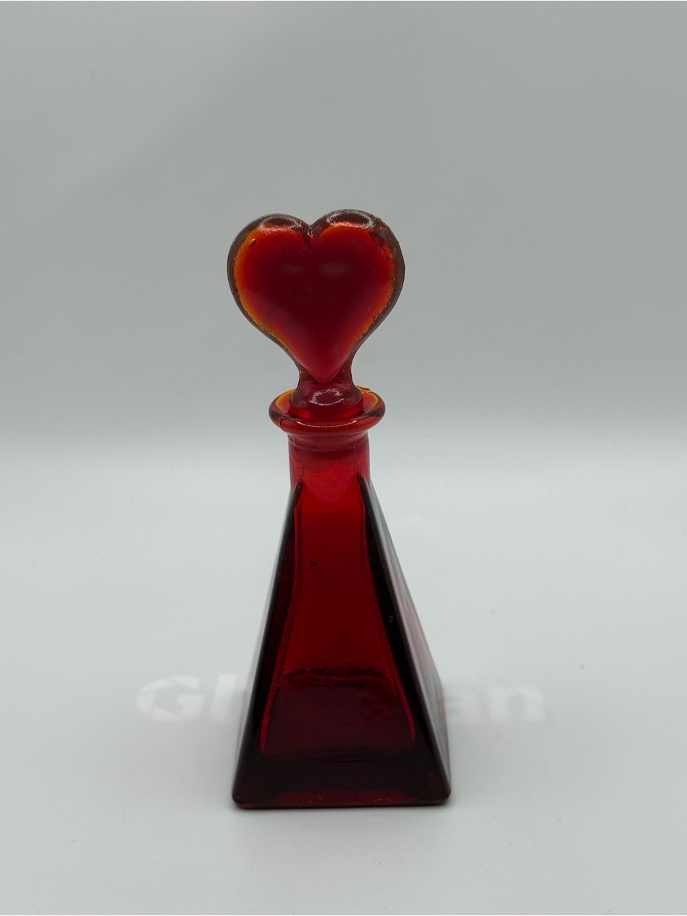 VTG Ruby Red Art Glass Bottle W/ Heart Shaped Stopper Triangle Base Glows 6.5” - Picture 5 of 16